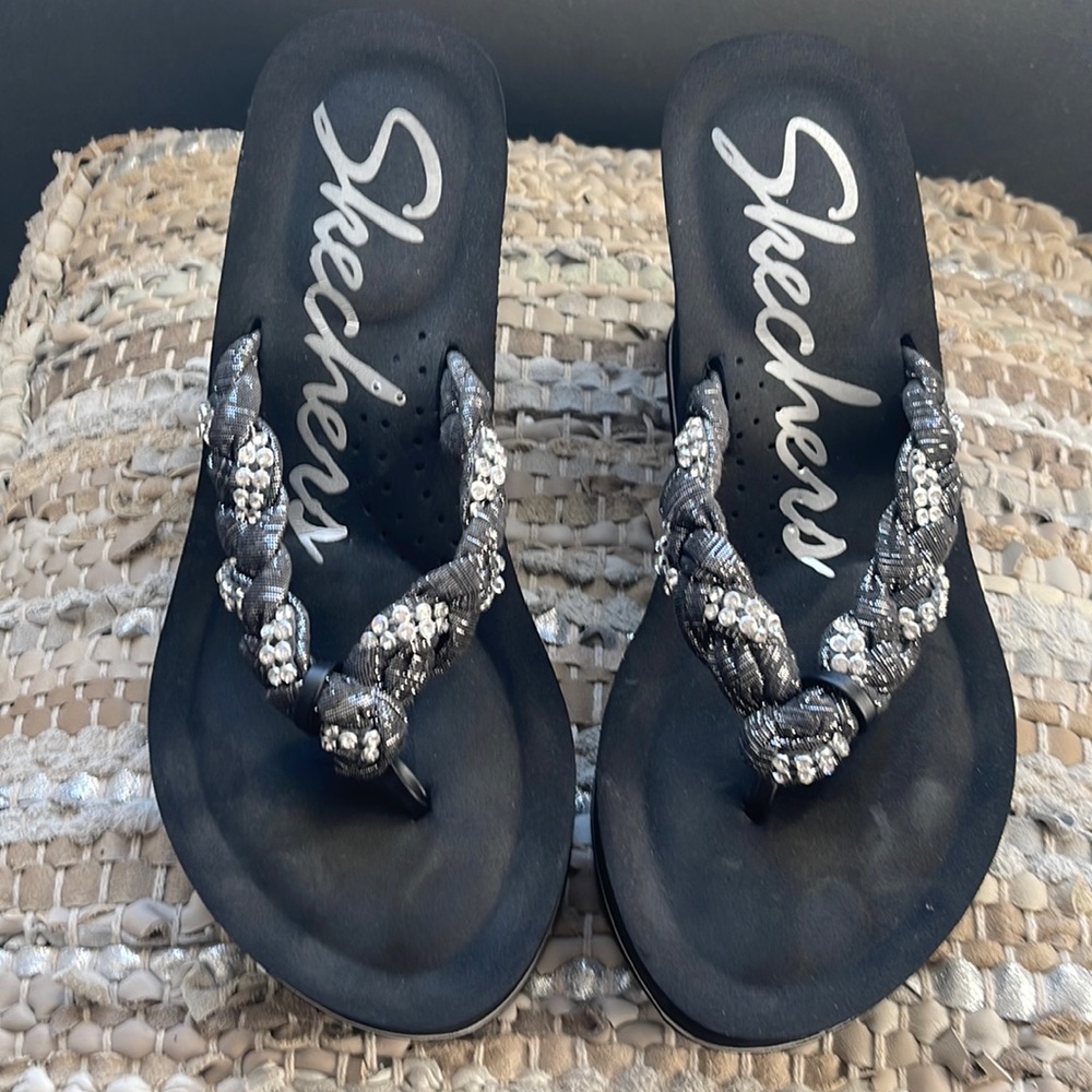 Sketchers Black and Silver with rhinestone flip flops